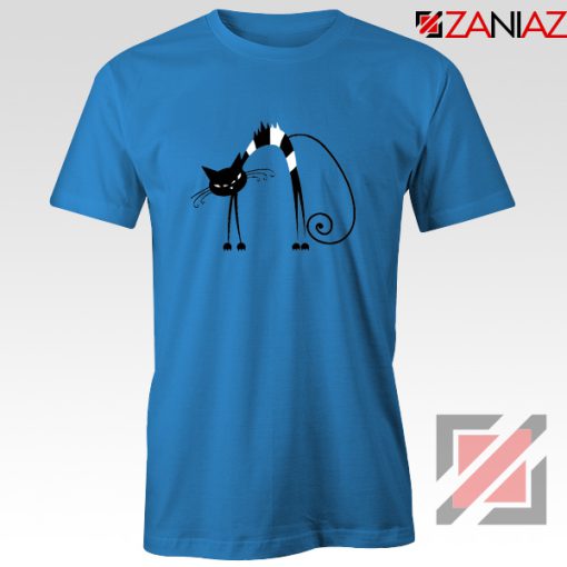 Black Line Cat T-Shirt Animal Lover Tee Shirt Size S-3XL Blue