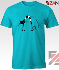 Black Line Cat T-Shirt Animal Lover Tee Shirt Size S-3XL Light Blue