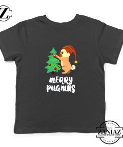 Merry Pugmas Gift Kids Shirt Christmas Youth Tshirt Size S-XL Black