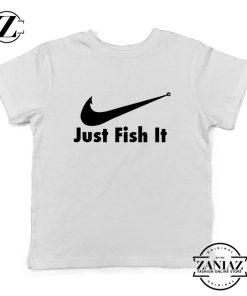 Just Fish It Kids Shirts Funny Nike Parody Youth T-Shirt Size S-XL White