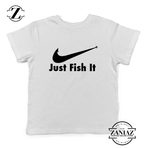 Just Fish It Kids Shirts Funny Nike Parody Youth T-Shirt Size S-XL White