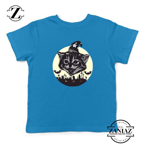 Halloween Black Cat Kids Blue Tshirt