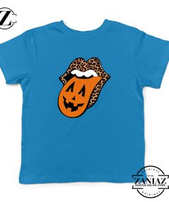 Leopard Pumpkin Mouth Tongue Kids Blue Tshirt